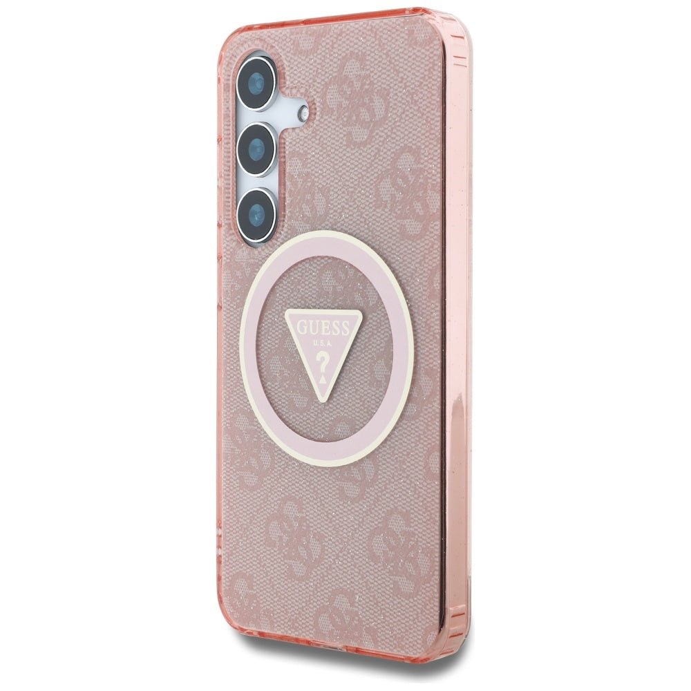 Guess Samsung Galaxy S25 - 4G Glitter Triangle Buttons - MagSafe Σκληρή Θήκη με Πλαίσιο Σιλικόνης - Pink - GUHMS25SHG4PRTGP