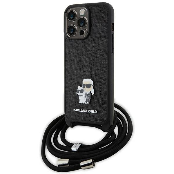 Karl Lagerfeld iPhone 15 Pro Max - Crossbody Saffiano Metal Pin Karl Choupette Σκληρή Θήκη με Επένδυση Συνθετικού Δέρματος και Λουράκι - Black - KLHCP15XSAKCPSK
