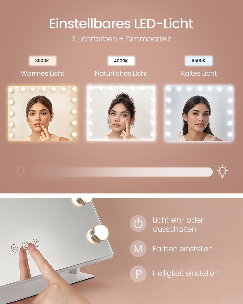 Songmics Επιτραπέζιος Καθρέφτης Μακιγιάζ με Φωτισμό LED και Κουμπιά Αφής - Matte White - LWM001W02
