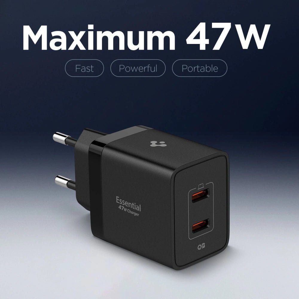 Spigen Essential EE472EU 47W - Οικιακός Φορτιστής Γρήγορης Φόρτισης με 2 Θύρες Type - C - Black