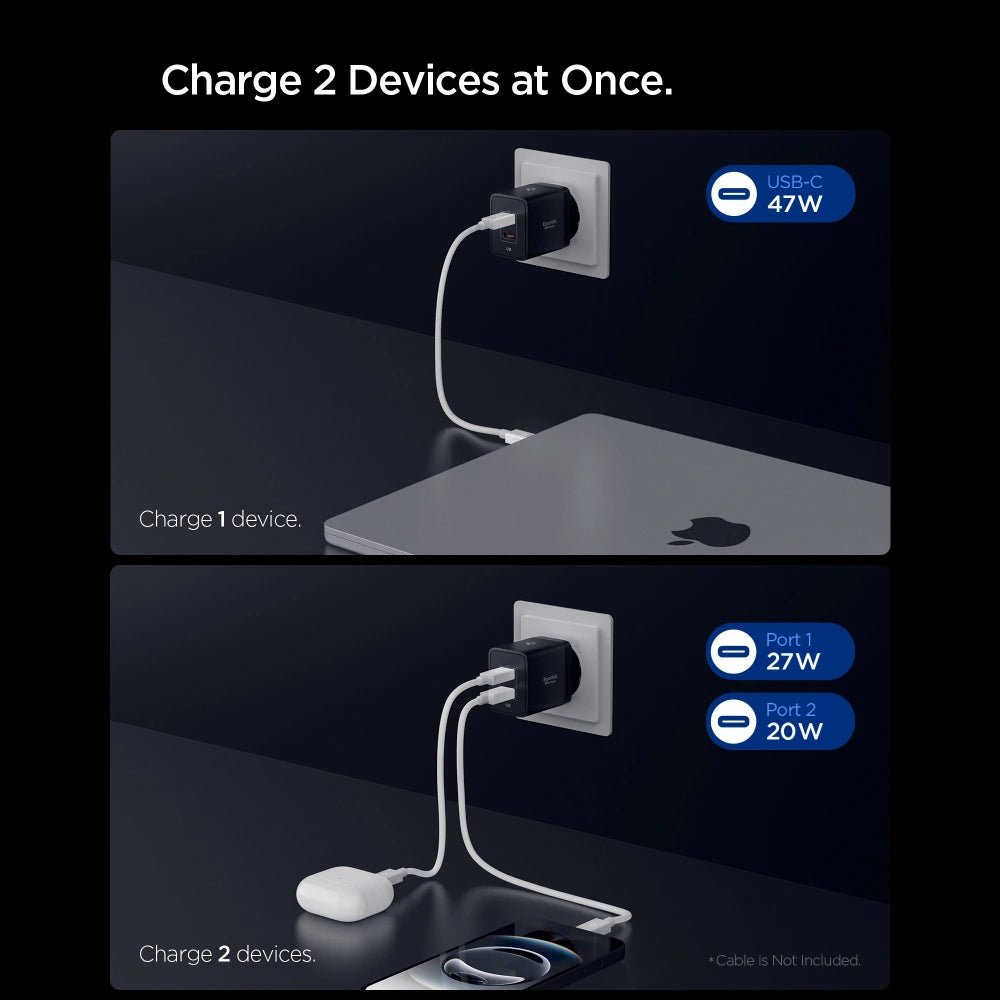 Spigen Essential EE472EU 47W - Οικιακός Φορτιστής Γρήγορης Φόρτισης με 2 Θύρες Type - C - Black