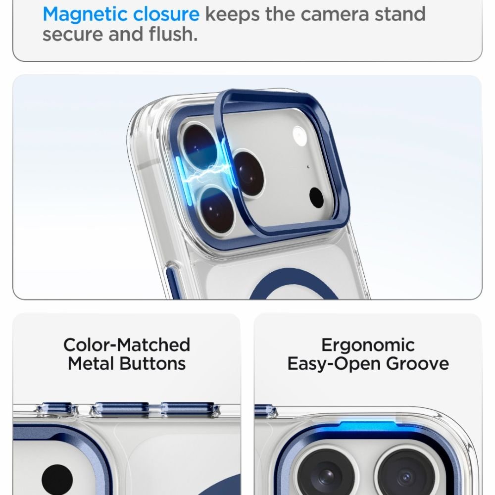 Spigen iPhone 18 Pro / iPhone 17 Pro - Σκληρή Θήκη MagSafe με Πλαίσιο Σιλικόνης Και Stand - Ultra Hybrid Optik S - Clear / Deep Blue