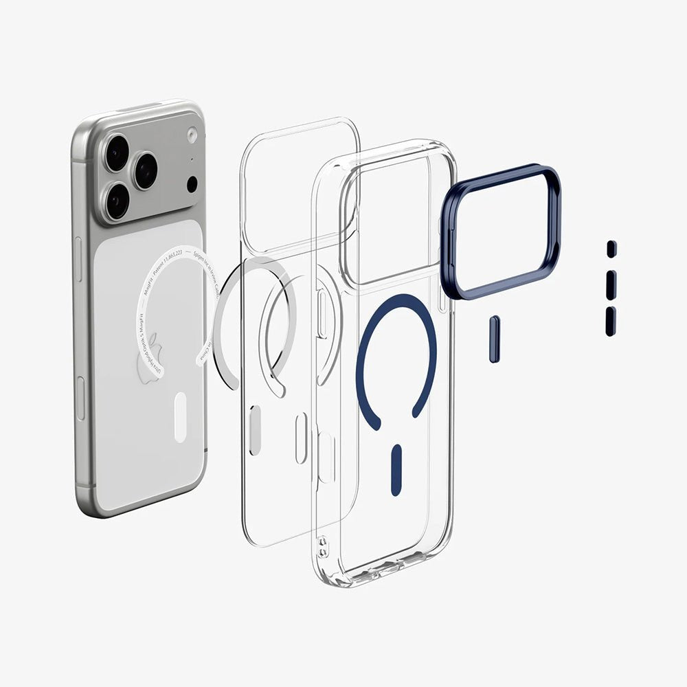 Spigen iPhone 18 Pro / iPhone 17 Pro - Σκληρή Θήκη MagSafe με Πλαίσιο Σιλικόνης Και Stand - Ultra Hybrid Optik S - Clear / Deep Blue