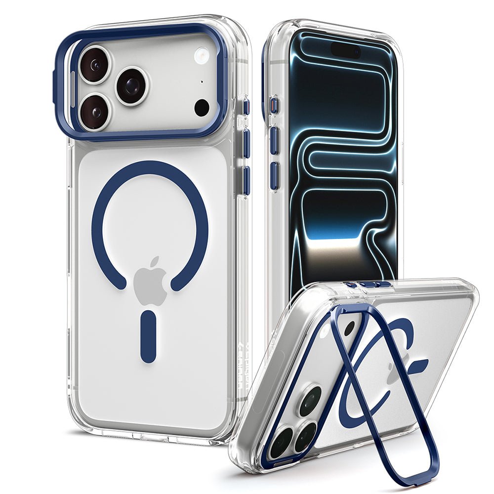 Spigen iPhone 18 Pro / iPhone 17 Pro - Σκληρή Θήκη MagSafe με Πλαίσιο Σιλικόνης Και Stand - Ultra Hybrid Optik S - Clear / Deep Blue