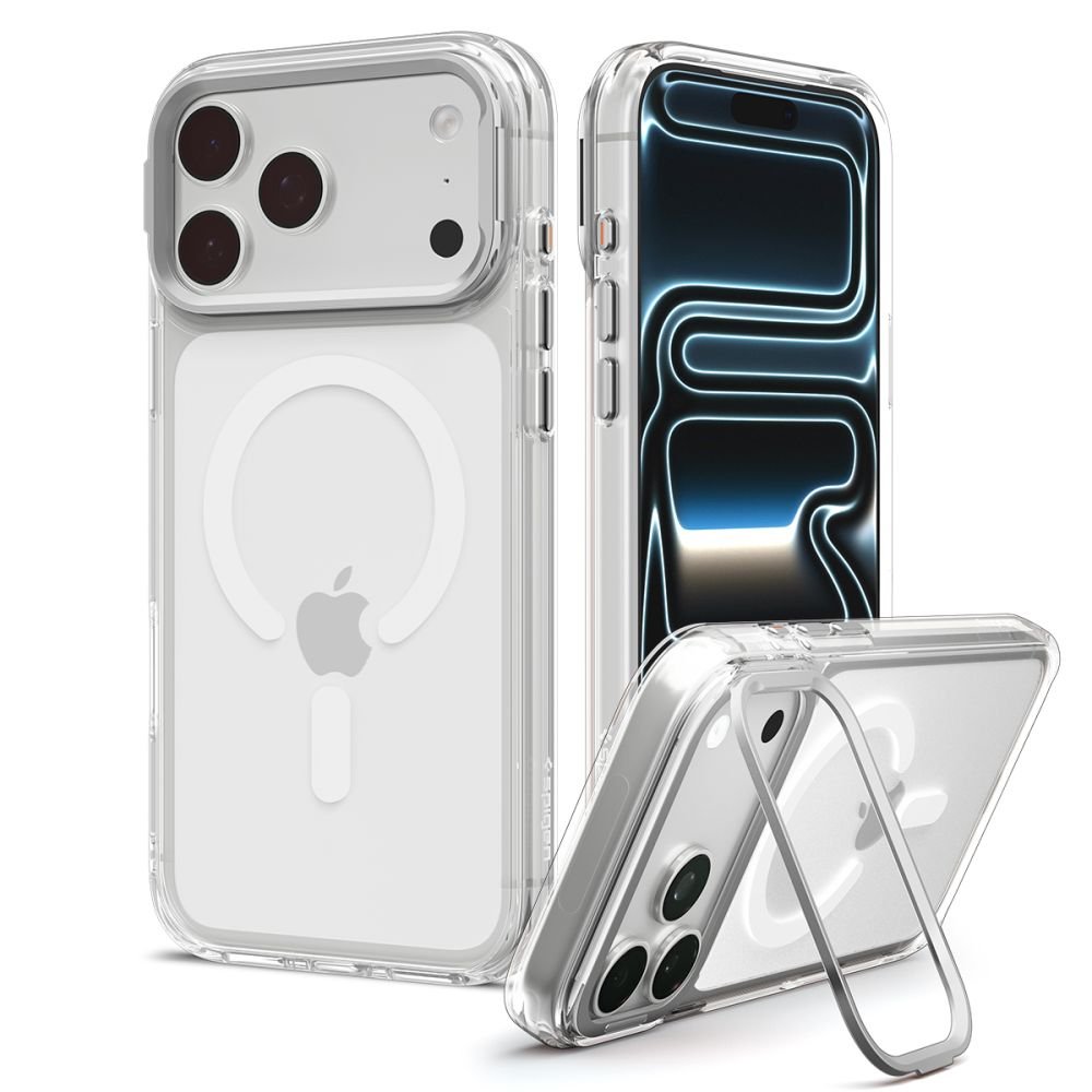 Spigen iPhone 18 Pro / iPhone 17 Pro - Σκληρή Θήκη MagSafe με Πλαίσιο Σιλικόνης Και Stand - Ultra Hybrid Optik S - Clear / Silver