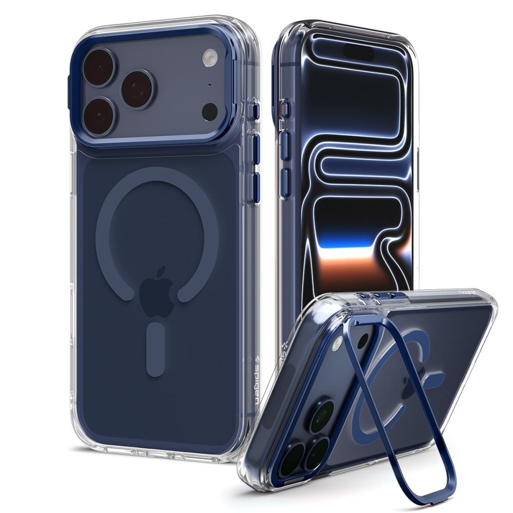 Spigen iPhone 18 Pro Max / iPhone 17 Pro Max - Σκληρή Θήκη MagSafe με Πλαίσιο Σιλικόνης Και Stand - Ultra Hybrid Optik S - Clear / Deep Blue