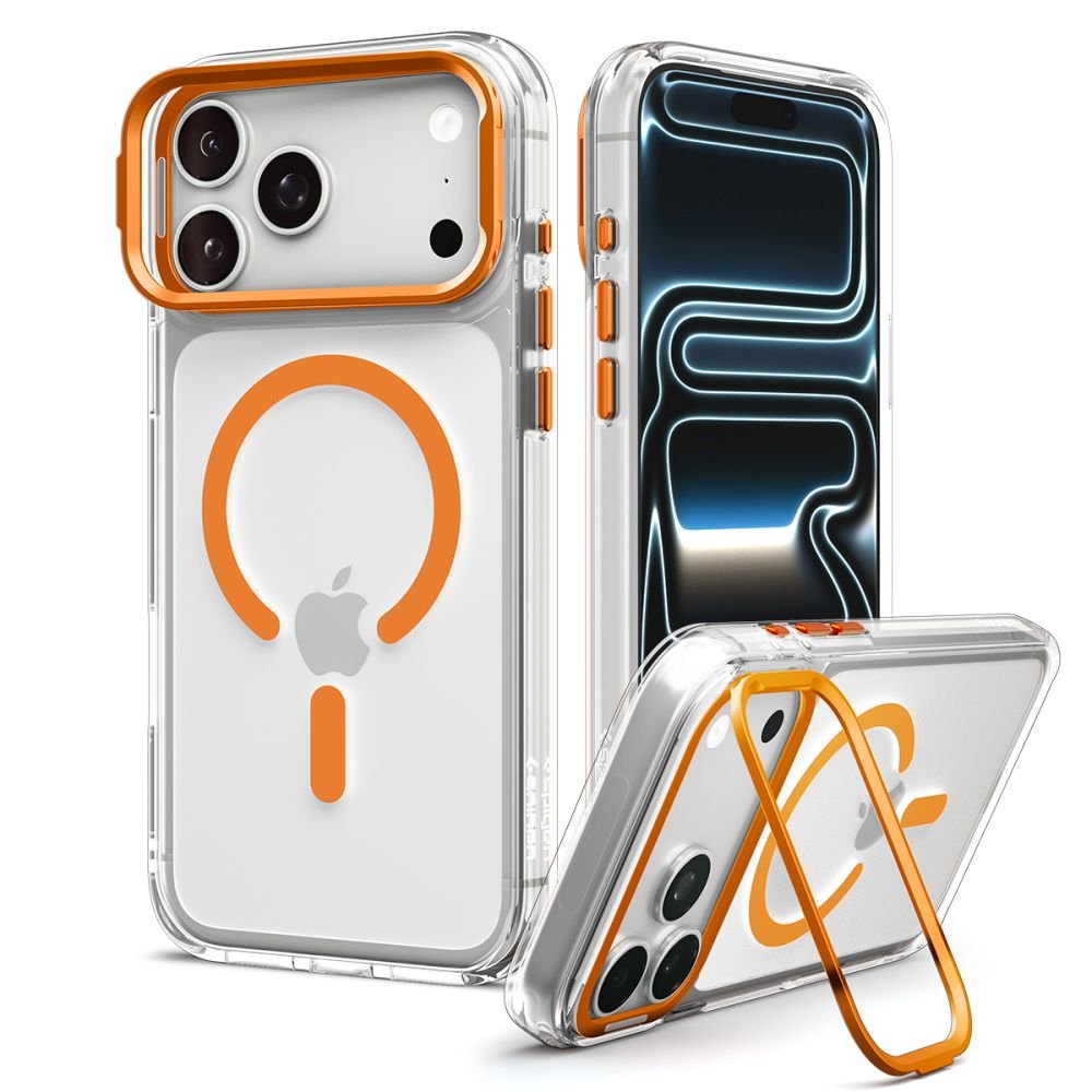 Spigen iPhone 18 Pro Max / iPhone 17 Pro Max - Σκληρή Θήκη MagSafe με Πλαίσιο Σιλικόνης Και Stand - Ultra Hybrid Optik S - Clear / Orange