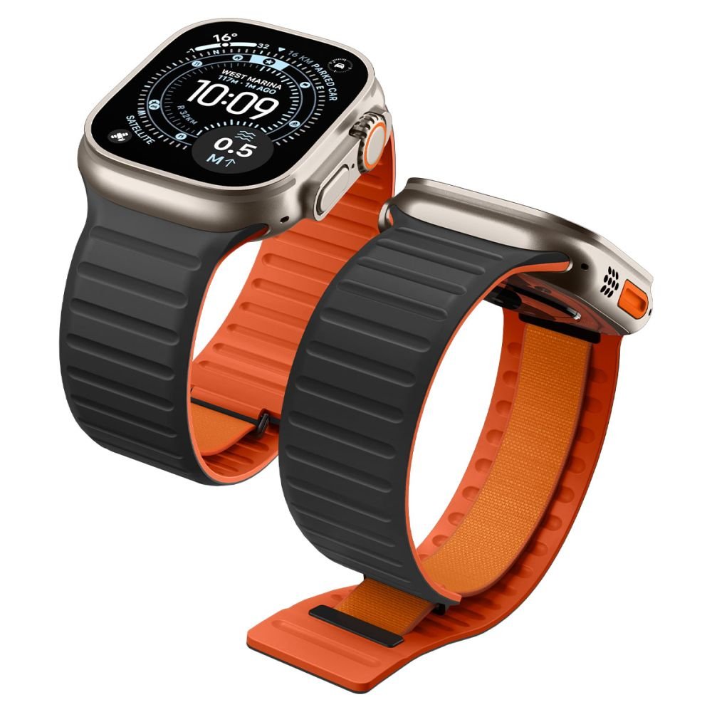 Spigen Λουράκι Apple Watch 8/9/10/11/12 - SE (1/2/3) - Ultra (1/2/3/4) - 44/45/46/49mm Μαγνητικό Σιλικόνης - Athlex Air M - Active Black / Orange