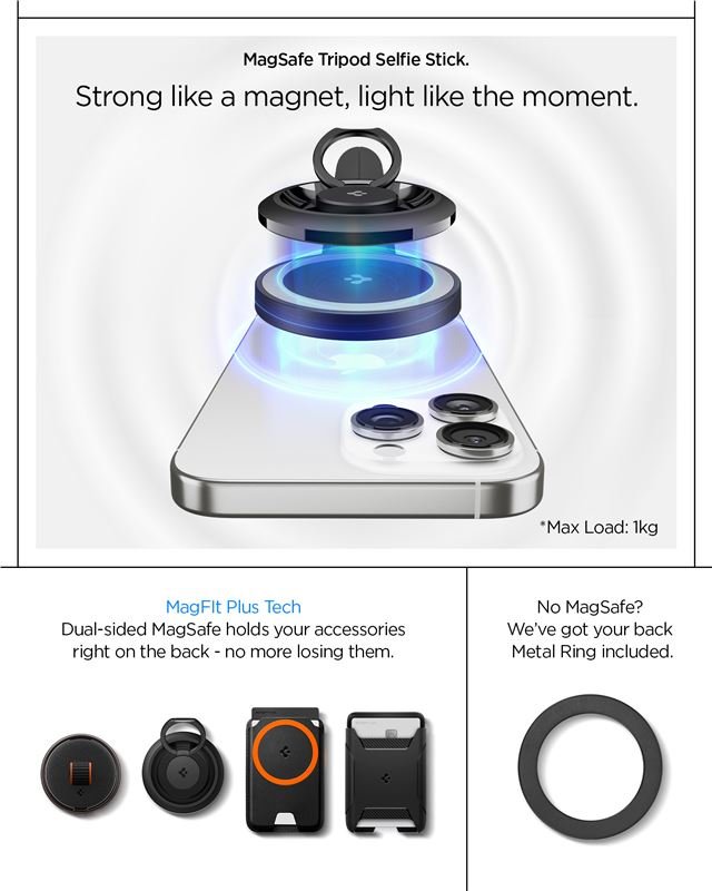 Spigen Ασύρματο MagSafe Selfie Stick με Τρίποδο και Bluetooth Τηλεχειριστήριο - S581W - Black