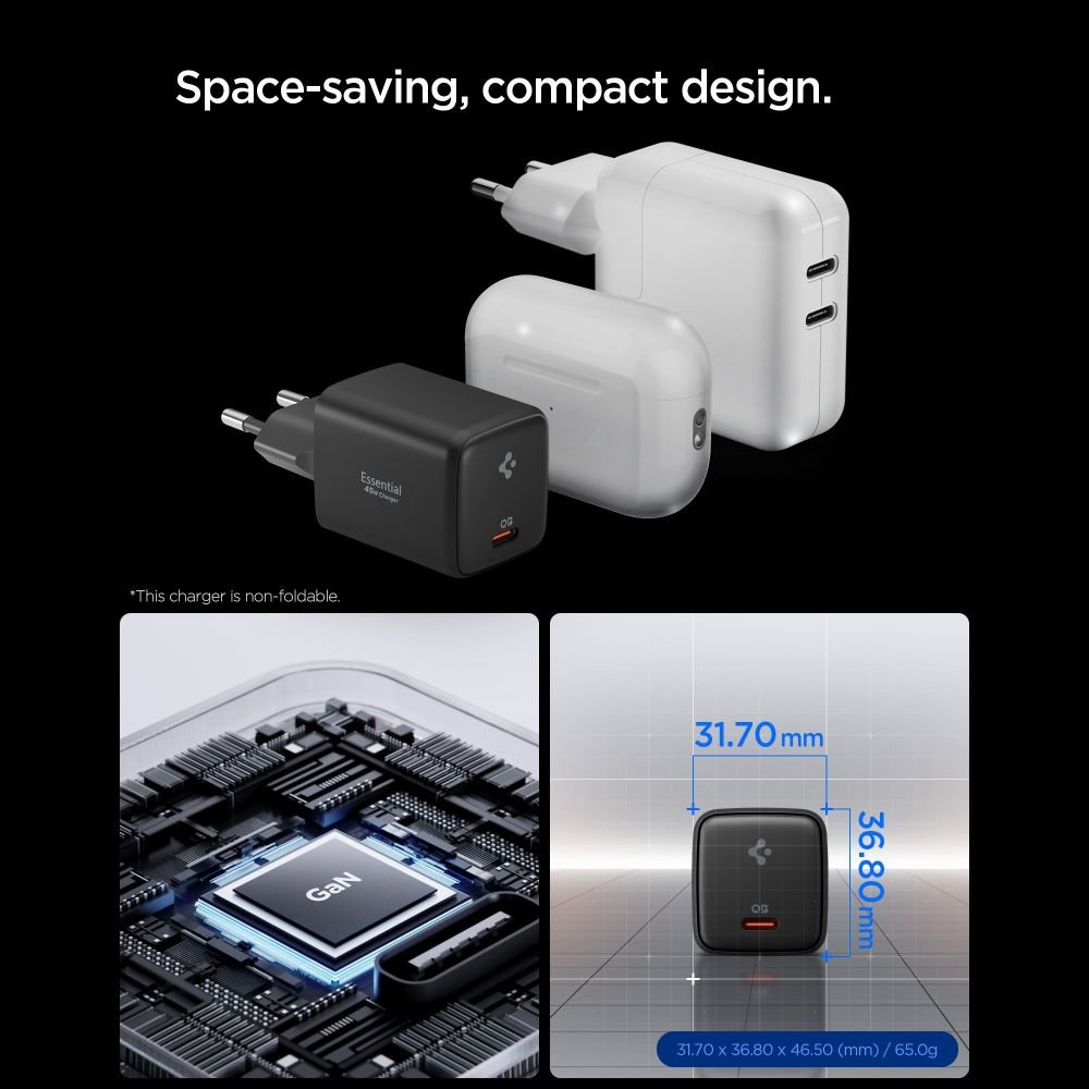 Spigen Οικιακός Φορτιστής Γρήγορης Φόρτισης 45W με 1 Θύρα Type - C και Καλώδιο Type - C to Type - C - EE451EU Essential - Black