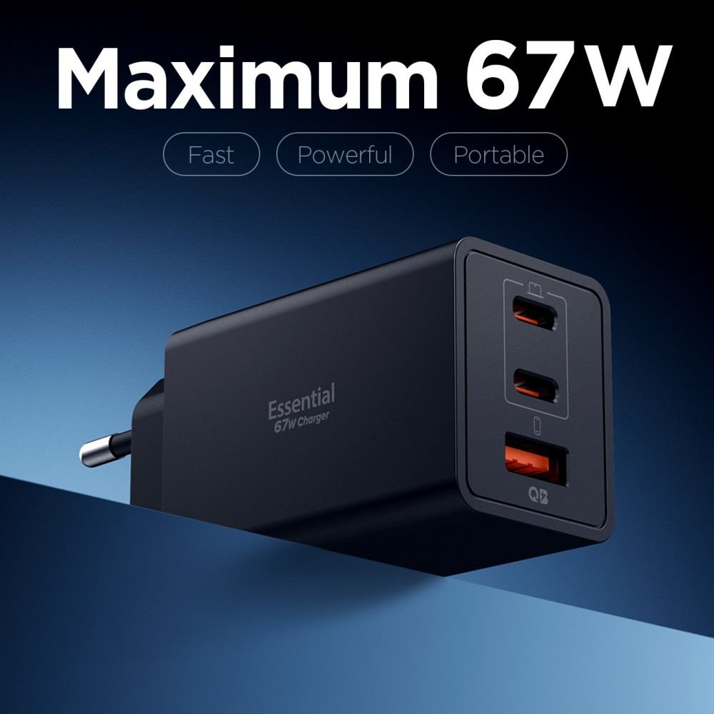 Spigen Οικιακός Φορτιστής Γρήγορης Φόρτισης με 2 Θύρες Type - C και 1 Θύρα USB 67W - Essential EE673EU - Black