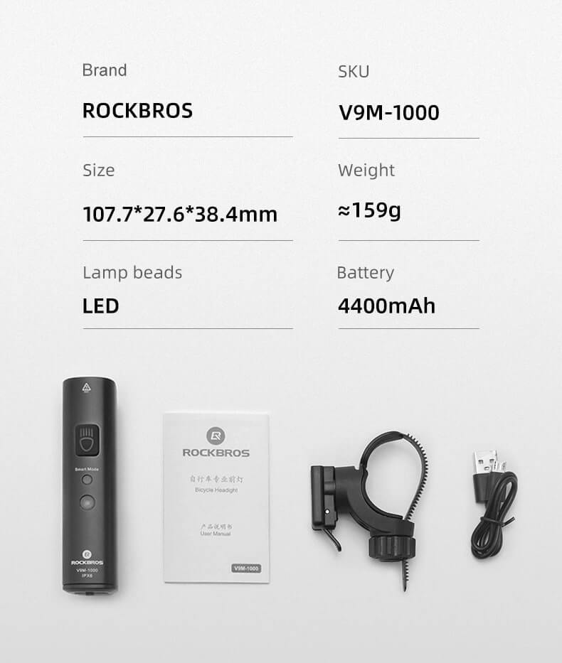 Rockbros V9M - 1000 Μπροστινό Φως Ποδηλάτου 1000lm - Black