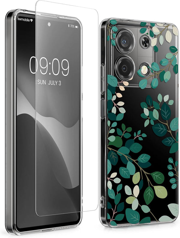 KW Xiaomi Redmi Note 13 5G Θήκη Σιλικόνης TPU με Αντιχαρακτικό Γυαλί - Design Spring Leaves - Green / Διάφανη