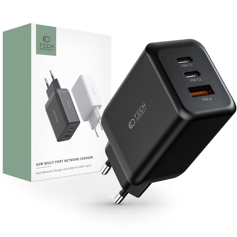 Tech - Protect C65W QC3.0 Οικιακός Φορτιστής Γρήγορης Φόρτισης με 2 Θύρες Type C και 1 Θύρα USB - Black