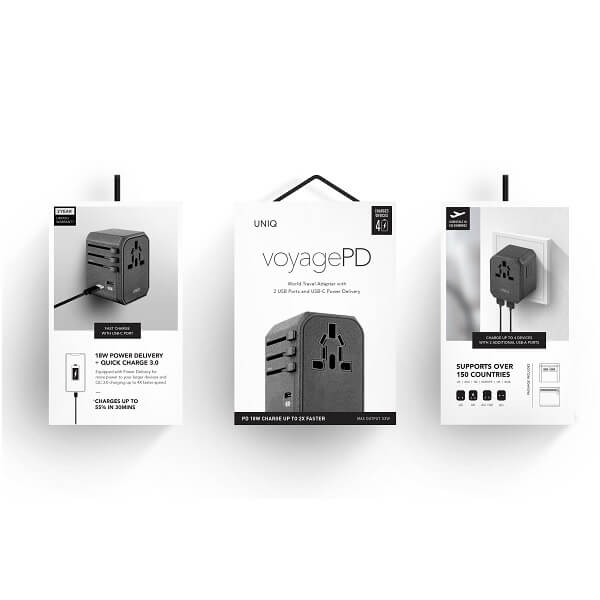 Uniq Voyage World - Φορτιστής με 1 Θύρα Type - C PD 18W και 1 Θύρα USB - A QC 3.0 και 2 Επιπλέον Θύρες USB - Charcoal Grey