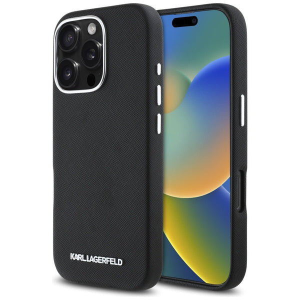 Karl Lagerfeld iPhone 16 Pro Max - Saffiano Full Wrapped Elongated Metal Logo - MagSafe Σκληρή Θήκη με Επένδυση Συνθετικού Δέρματος και Πλαίσιο Σιλικόνης - Black - KLHMP16XPSAFWMCK