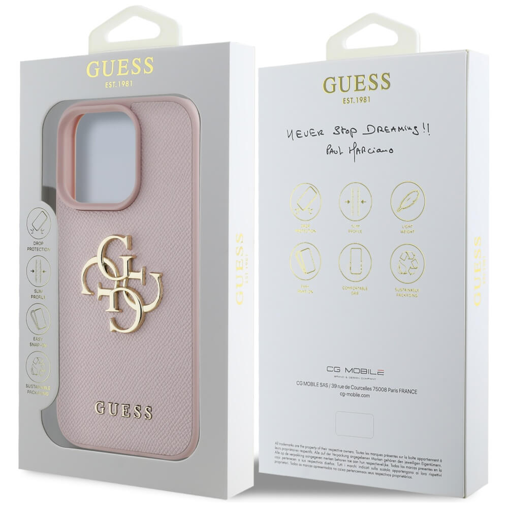 Guess iPhone 16 Pro - Grained Big 4G Logo Small Classic Logo - Σκληρή Θήκη με Επένδυση από Οικολογικό Δέρμα - Pink - GUHCP16LPGT4MBP