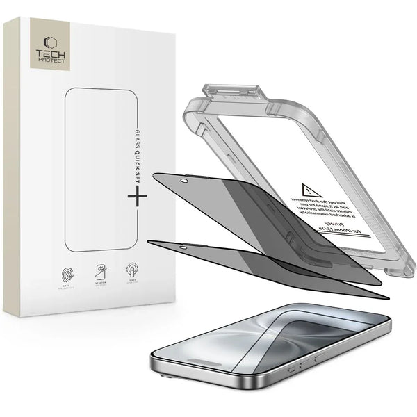 Tech - Protect iPhone 15 / 16 - Quick Set Spy+ - Σετ με 2 Full Screen Αντιχαρακτικά Γυαλιά Οθόνης με Οδηγό Τοποθέτησης - Privacy