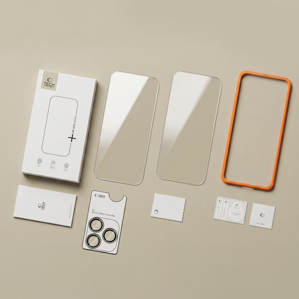 Tech-Protect iPhone 18 Pro Easy Set+ - Σετ με 2 Αντιχαρακτικά Γυαλιά Οθόνης με οδηγό και 1 Αντιχαρακτικό Γυαλί για την Κάμερα - Διάφανα