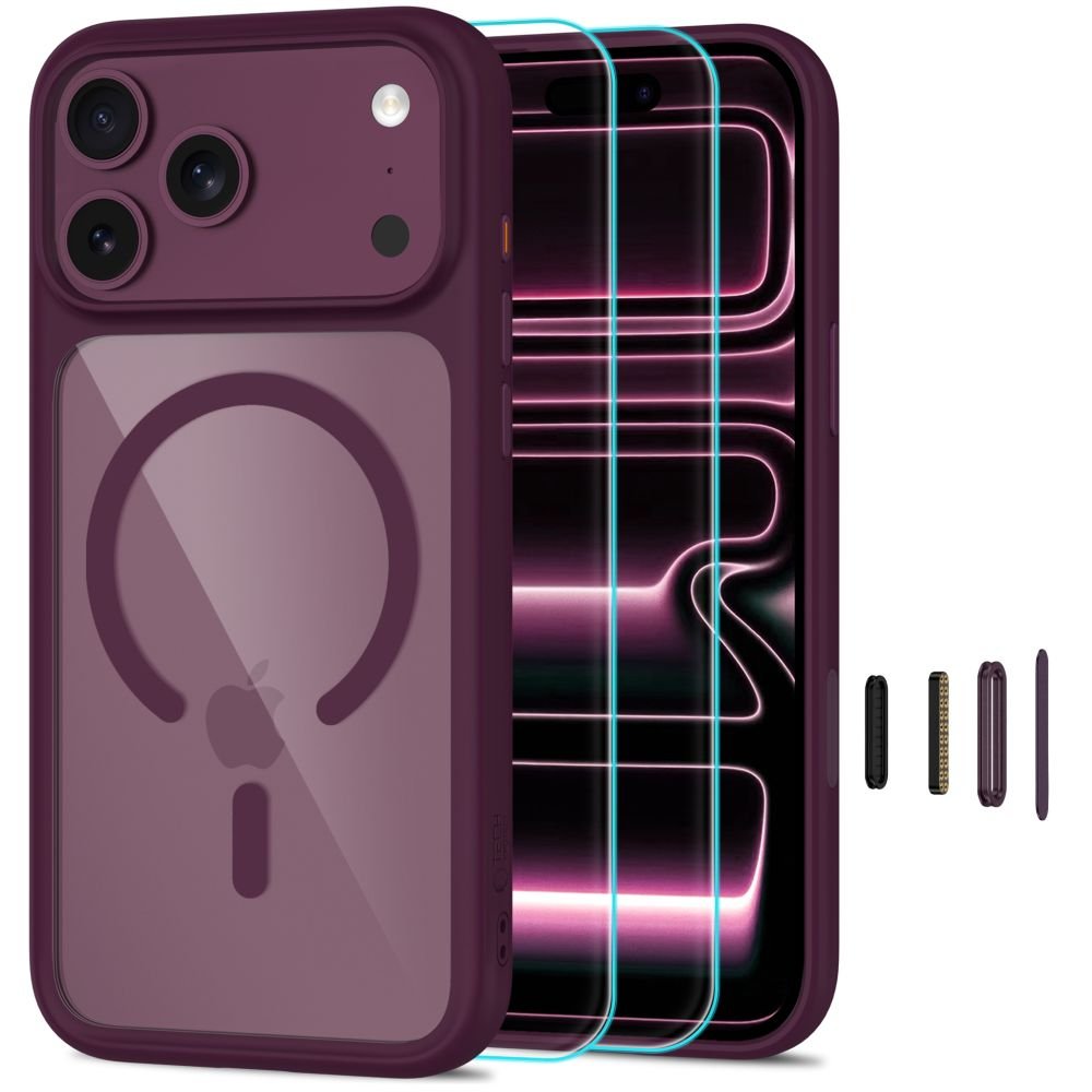Tech-Protect iPhone 18 Pro / iPhone 17 Pro - Σκληρή Θήκη με Πλαίσιο Σιλικόνης MagSafe και 2 Αντιχαρακτικά Γυαλιά Οθόνης - MagOne CC - Burgundy / Clear