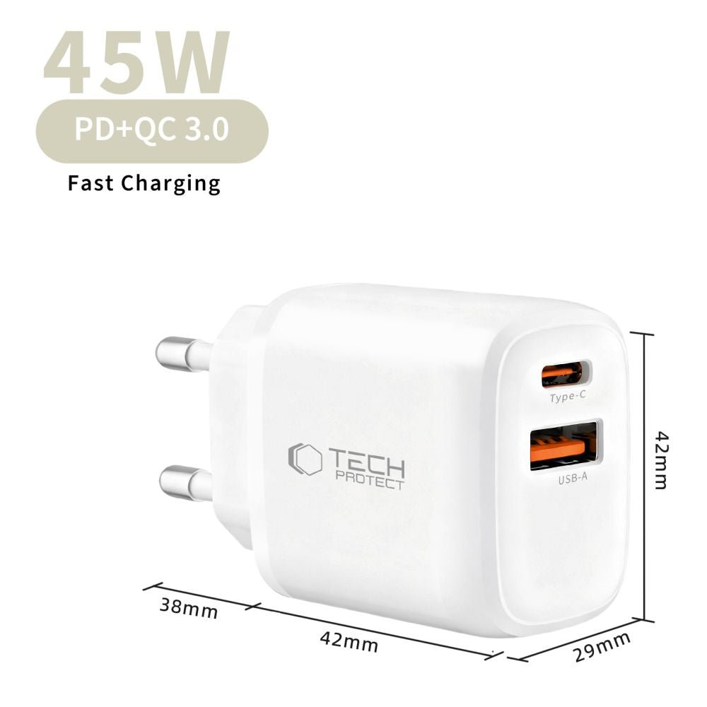 Tech - Protect Οικιακός Φορτιστής με 1 Θύρα USB και 1 Θύρα Type - C PD 45W QC3.0 - NCA45W - GAN - White