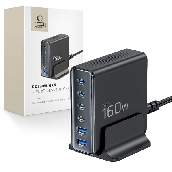 Tech - Protect Σταθμός Φόρτισης με 2 Θύρες USB και 4 Θύρες Type - C - PD 160W/QC3.0 - DC160W - GAN - Black