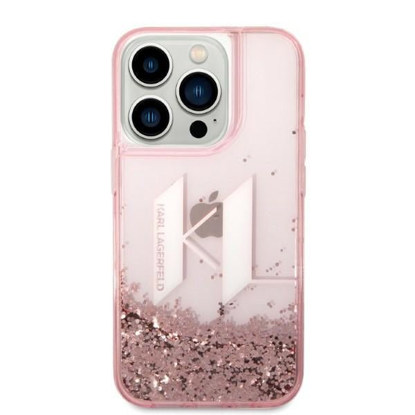 Karl Lagerfeld iPhone 14 Pro - Liquid Glitter Big KL Σκληρή Θήκη με Πλαίσιο Σιλικόνης - Διάφανη / Pink - KLHCP14LLBKLCP