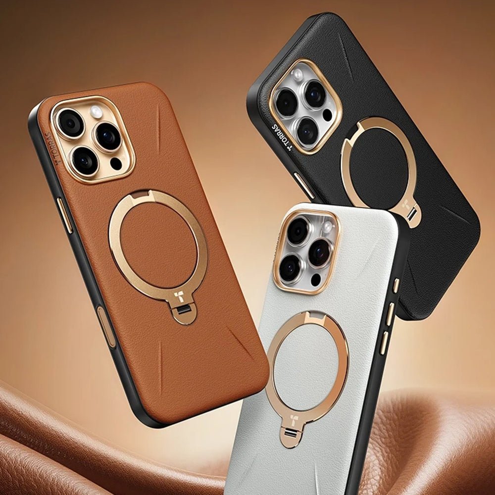 Torras iPhone 17 Pro - Σκληρή θήκη με Περιστρεφόμενο Stand / MagSafe - QPRO Leather Series - Orange