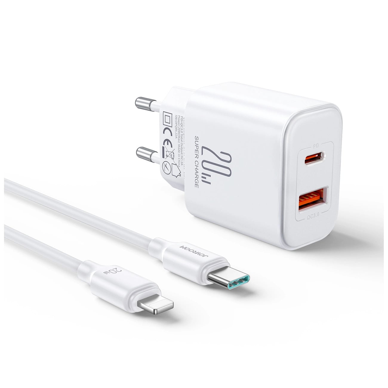 Joyroom PD 20W Οικιακός Φορτιστής Γρήγορης Φόρτισης με Θύρα USB και Θύρα Type - C και Καλώδιο Type - C to Lightning - White - JR - TCF05