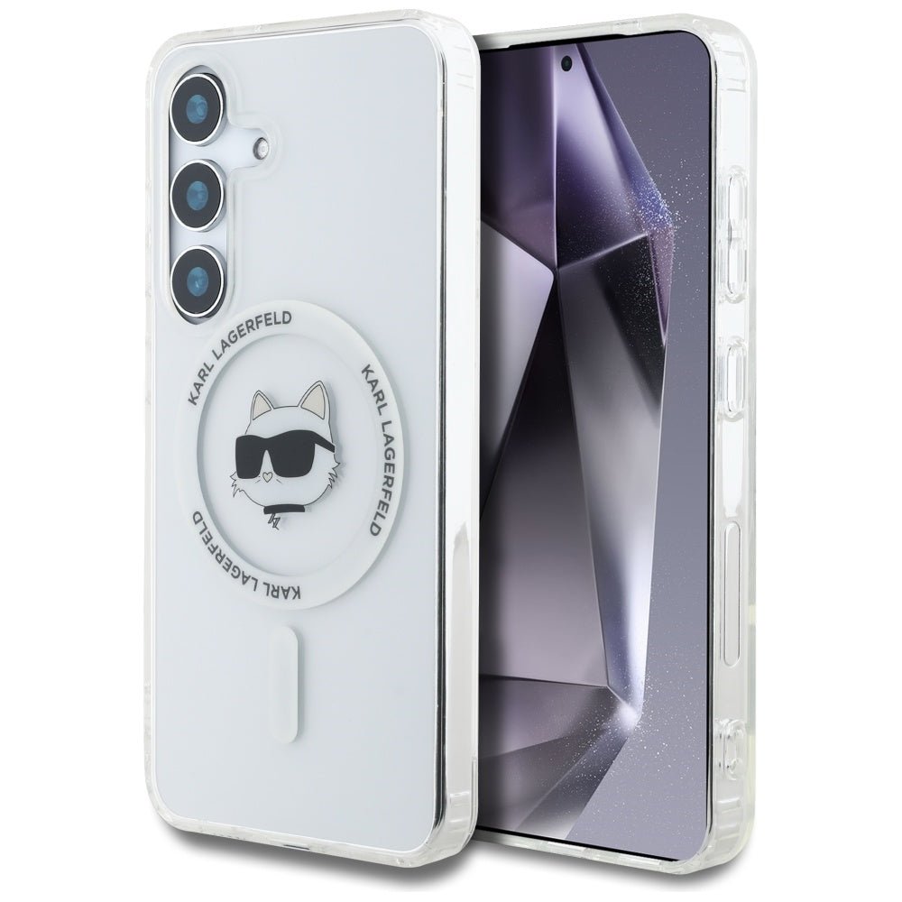 Karl Lagerfeld Samsung Galaxy S25 - Button Choupette Head Printed Logo - MagSafe Σκληρή Θήκη με Πλαίσιο Σιλικόνης - White - KLHMS25SHLSCHH