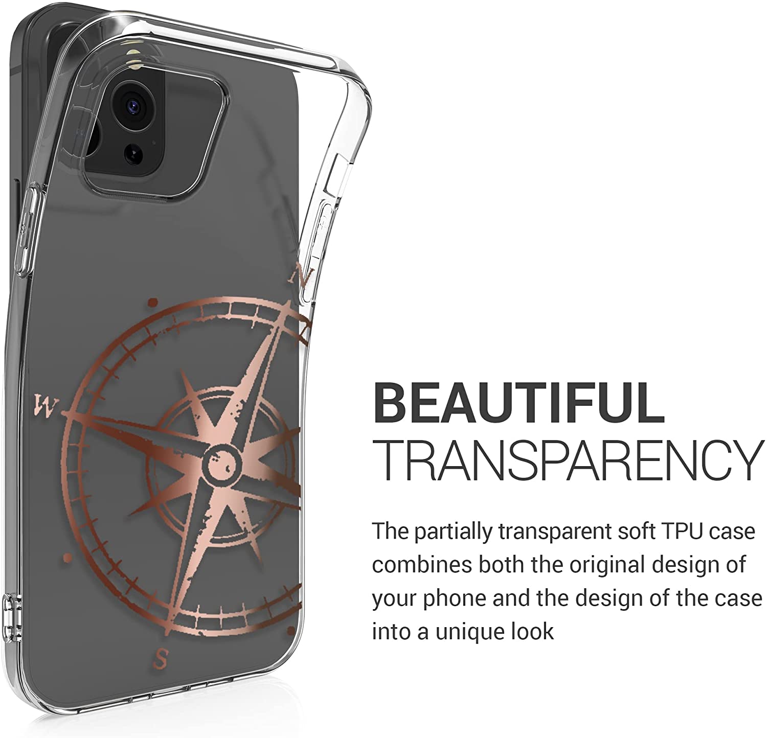 KW iPhone 12 / iPhone 12 Pro Θήκη Σιλικόνης TPU Design Vintage Navigational Compass - Διάφανη / Rose Gold - 53035.13