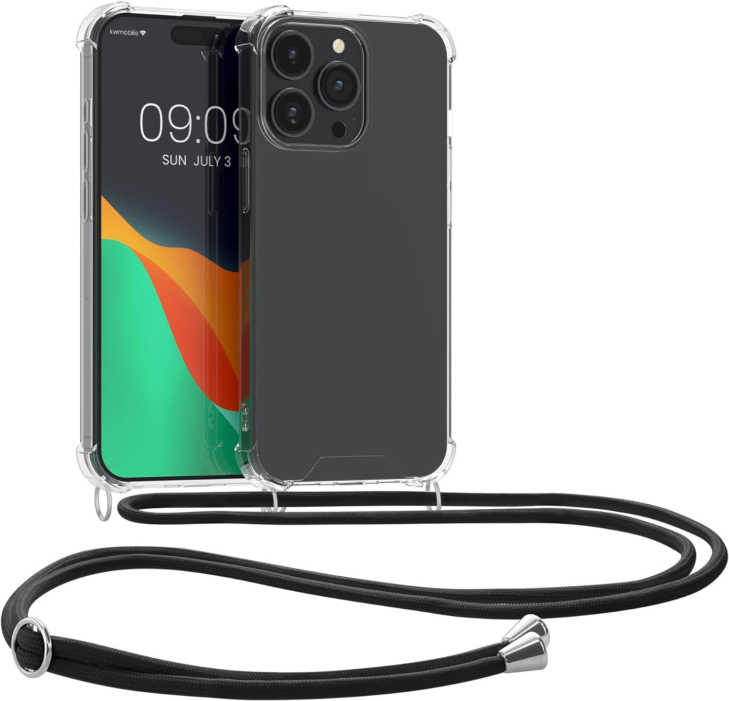 KW iPhone 15 Pro Θήκη Σιλικόνης TPU με Λουράκι - Διάφανη / Black - 62035.01