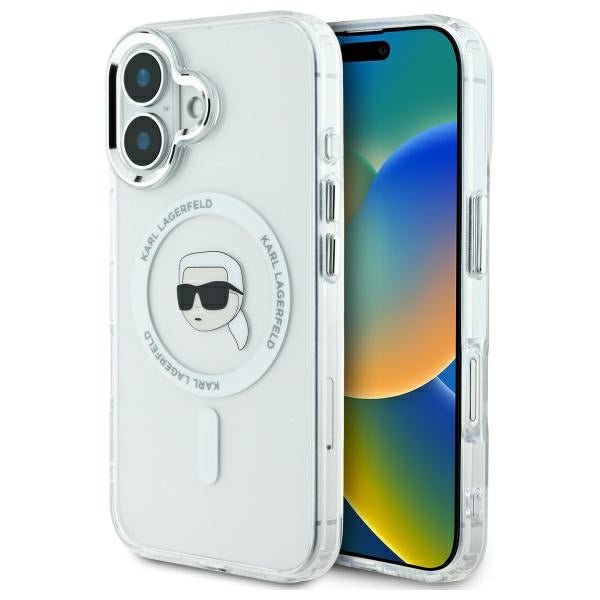 Karl Lagerfeld iPhone 16 - IML Metal Karl Head - MagSafe Σκληρή Θήκη με Πλαίσιο Σιλικόνης - White - KLHMP16SHLSKIH
