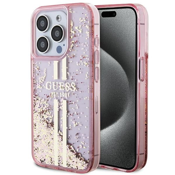 Guess iPhone 15 Pro Max Liquid Glitter Gold Stripes Σκληρή Θήκη με Πλαίσιο Σιλικόνης - Pink - GUHCP15XLFCSEGP