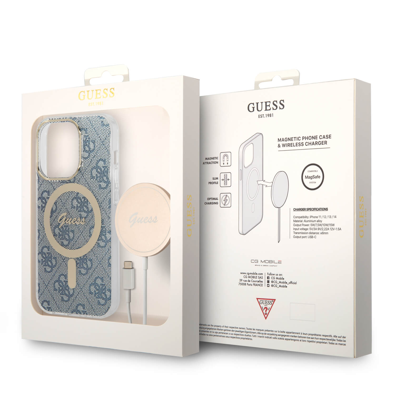 Guess iPhone 14 Pro - Bundle Pack MagSafe - Σετ Σκληρή Θήκη με Πλαίσιο Σιλικόνης και Ασύρματος Φορτιστής MagSafe - Design 4G and Gold - Blue - GUBPP14LH4EACSB