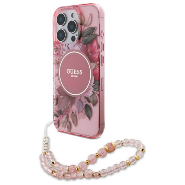 Guess iPhone 16 Pro - IML Flowers With Pearl Strap MagSafe - Σκληρή Θήκη με Πλαίσιο Σιλικόνης και Λουράκι - Pink - GUHMP16LHFWBRCESP
