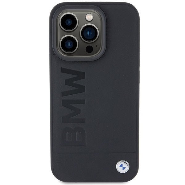 BMW iPhone 15 Pro Leather Hot Stamp Σκληρή Θήκη με Επένδυση Γνήσιου Δέρματος και Πλαίσιο Σιλικόνης - Black