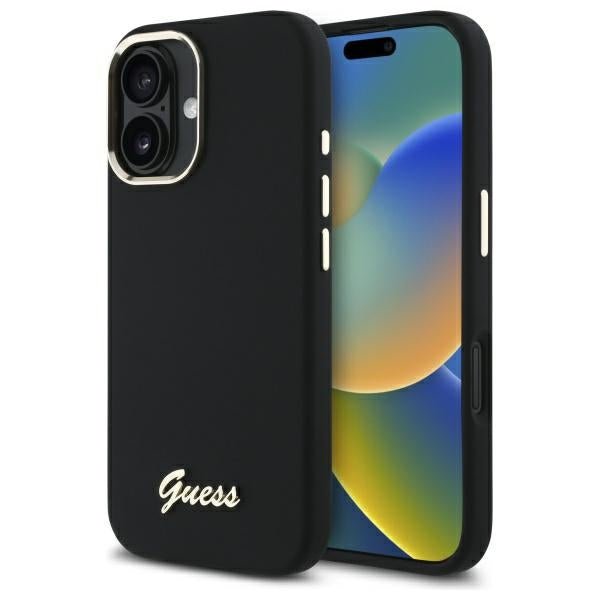 Guess iPhone 16 Plus - Silicone Script Metal Logo and Frame - Σκληρή Θήκη με Πλαίσιο Σιλικόνης - Black - GUHCP16MSMBSLK