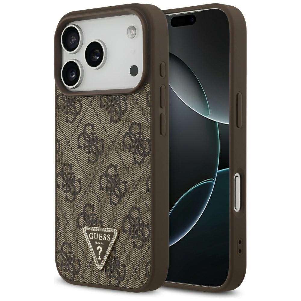 Guess iPhone 17 Pro - 4G Triangle Strass MagSafe - Σκληρή Θήκη με Επένδυση Συνθετικού Δέρματος - Brown - GUHMP17LP4TDPLW
