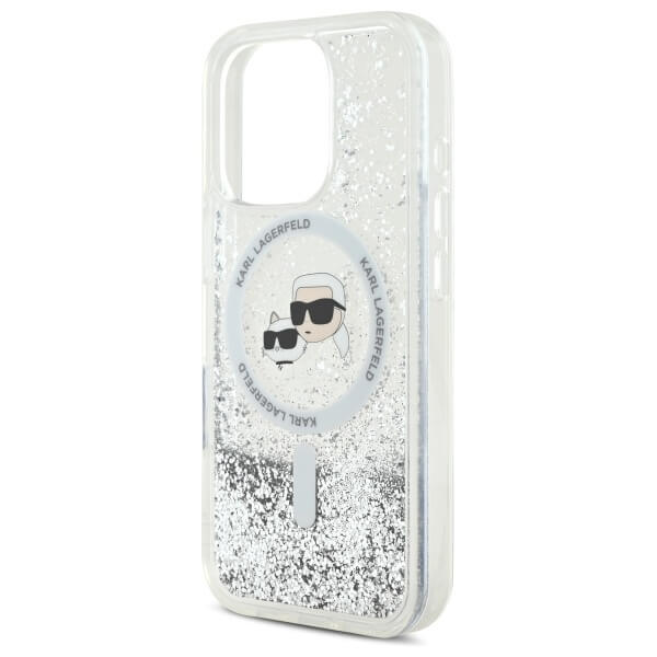 Karl Lagerfeld iPhone 16 Pro - Liquid Glitter Karl and Choupette Head MagSafe - Σκληρή Θήκη με Πλαίσιο Σιλικόνης - Διάφανη - KLHMP16LLGKCSGH