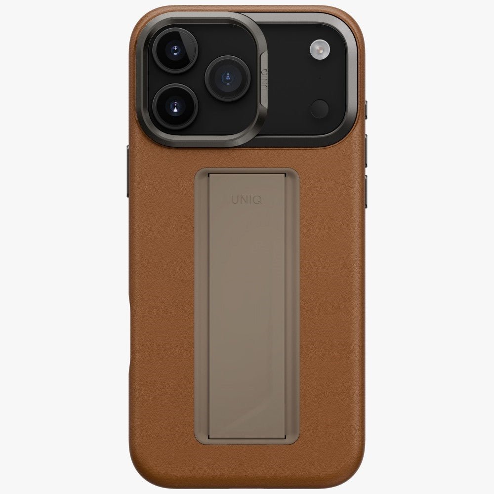 Uniq iPhone 17 Pro Max - Σκληρή Θήκη με Επένδυση Οικολογικού Δέρματος με Eνσωματωμένη Λαβή FlexGrip και Stand - Heldro Pro Magclick - Caramel