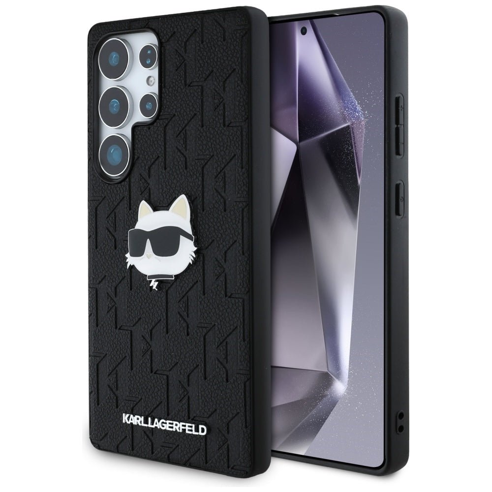 Karl Lagerfeld Samsung Galaxy S25 Ultra - Monogram Choupette Head Pin - Σκληρή Θήκη με Επένδυση Συνθετικού Δέρματος - Black - KLHCS25LPGKLCHPK