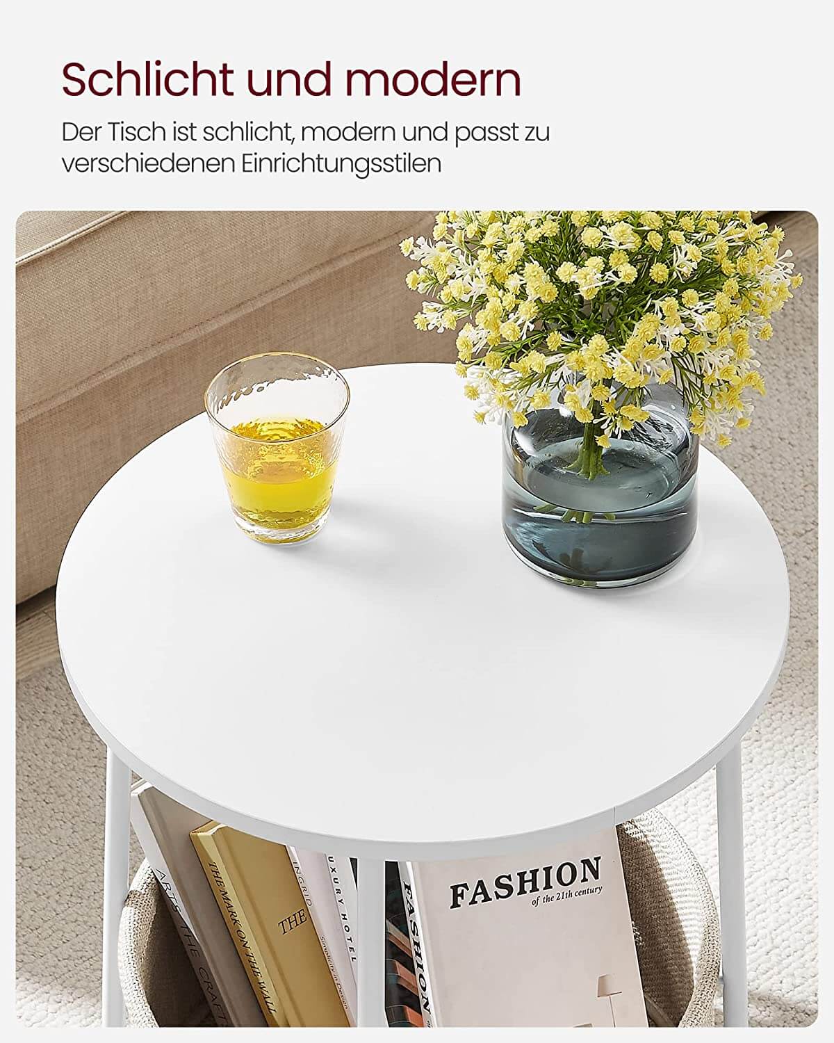 Vasagle Στρόγγυλο Βοηθητικό Τραπέζι με Υφασμάτινο Καλάθι Αποθήκευσης - White / Beige - LET223W10