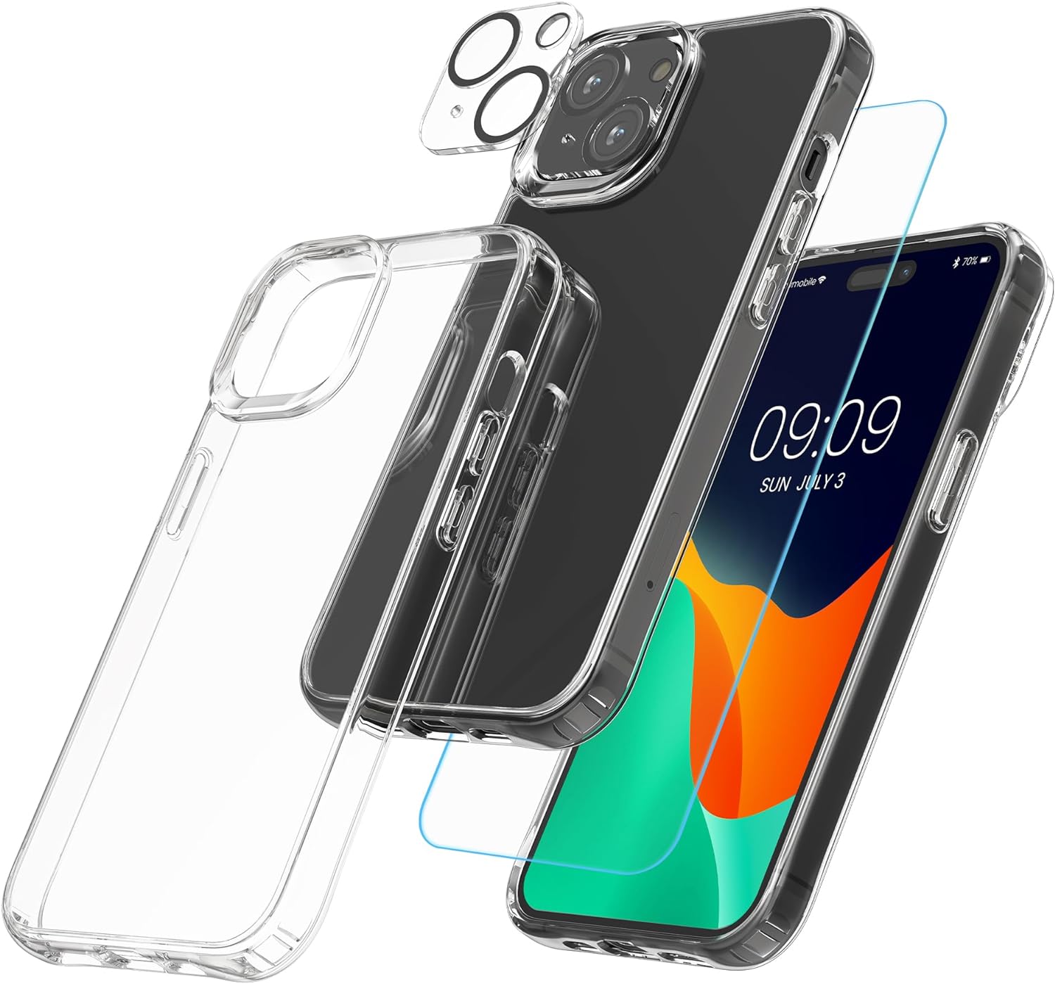 KW iPhone 15 Σετ με 1 Θήκη, 2 Αντιχαρακτικά Γυαλιά Οθόνης και 2 Αντιχαρακτικά Γυαλιά για την Κάμερα - Διάφανα - 62025.03