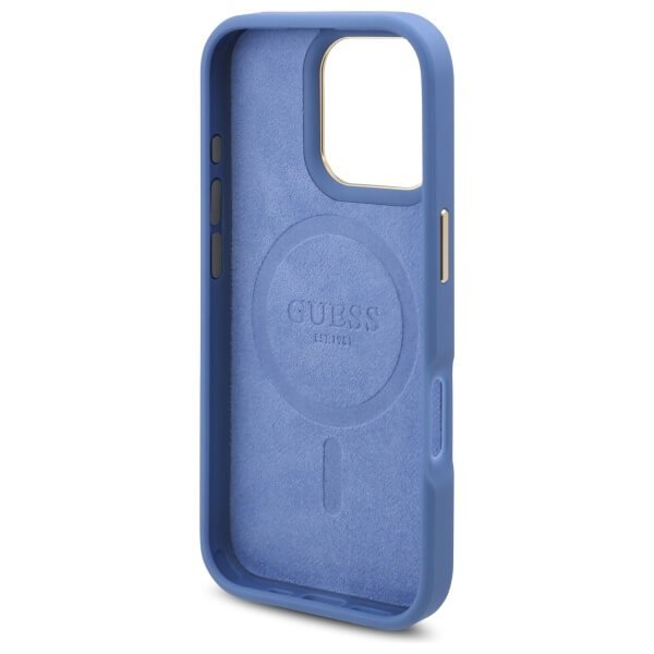 Guess iPhone 16 Pro 4G Logo Plate MagSafe Θήκη με Επένδυση Συνθετικού Δέρματος και MagSafe - Blue - GUHMP16LU4GPRB
