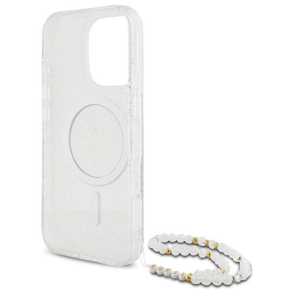 Guess iPhone 16 Pro Max - IML Glitter With Pearl Strap - MagSafe Σκληρή Θήκη με Πλαίσιο Σιλικόνης και Λουράκι - Διάφανη - GUHMP16XHGCRELST