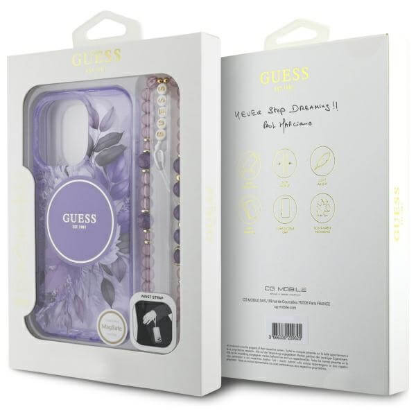 Guess iPhone 16 Pro Max - IML Flowers With Pearl Strap MagSafe - Σκληρή Θήκη με Πλαίσιο Σιλικόνης και Λουράκι - Purple - GUHMP16XHFWBRCESU