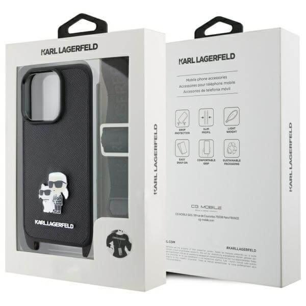 Karl Lagerfeld iPhone 16 Pro Max - Saffiano Karl and Choupette Metal Pin CBDY Strap - Σκληρή Θήκη με Επένδυση Συνθετικού Δέρματος με Πλαίσιο Σιλικόνης και Λουράκι - Black - KLHCP16XSAKCPBK
