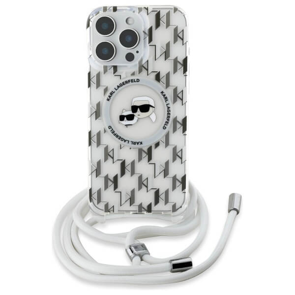 Karl Lagerfeld iPhone 16 Pro - IML Crossbody Monogram Karl and Choupette Head - MagSafe Σκληρή Θήκη με Πλαίσιο Σιλικόνης και Λουράκι - Διάφανη - KLHMP16LHCKCKLCT