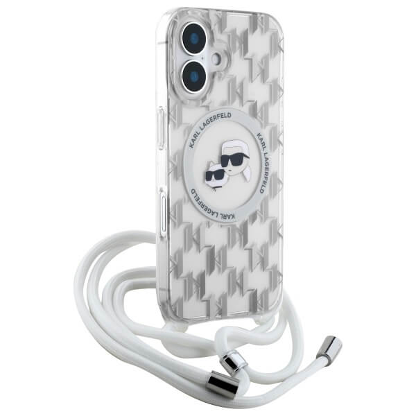 Karl Lagerfeld iPhone 16 - IML Crossbody Monogram Karl and Choupette Head - MagSafe Σκληρή Θήκη με Πλαίσιο Σιλικόνης και Λουράκι - Διάφανη - KLHMP16SHCKCKLCT